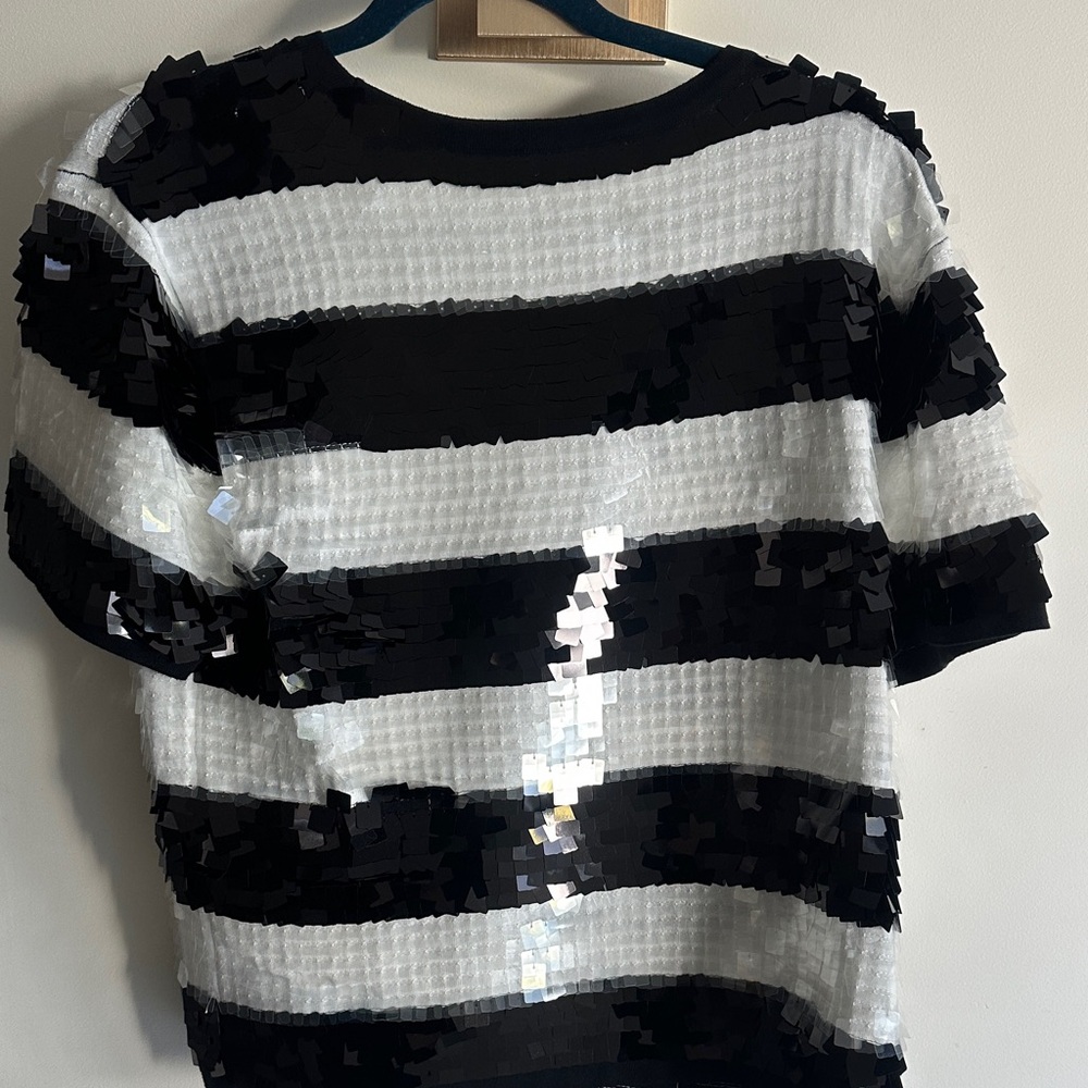 Karl Lagerfeld Black and White Striped Sequin Tee - Picture 3 of 3